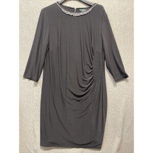 Ralph Lauren Stretch Jewel Beaded Neck Sheath Dress 22W Black Matte Jersey